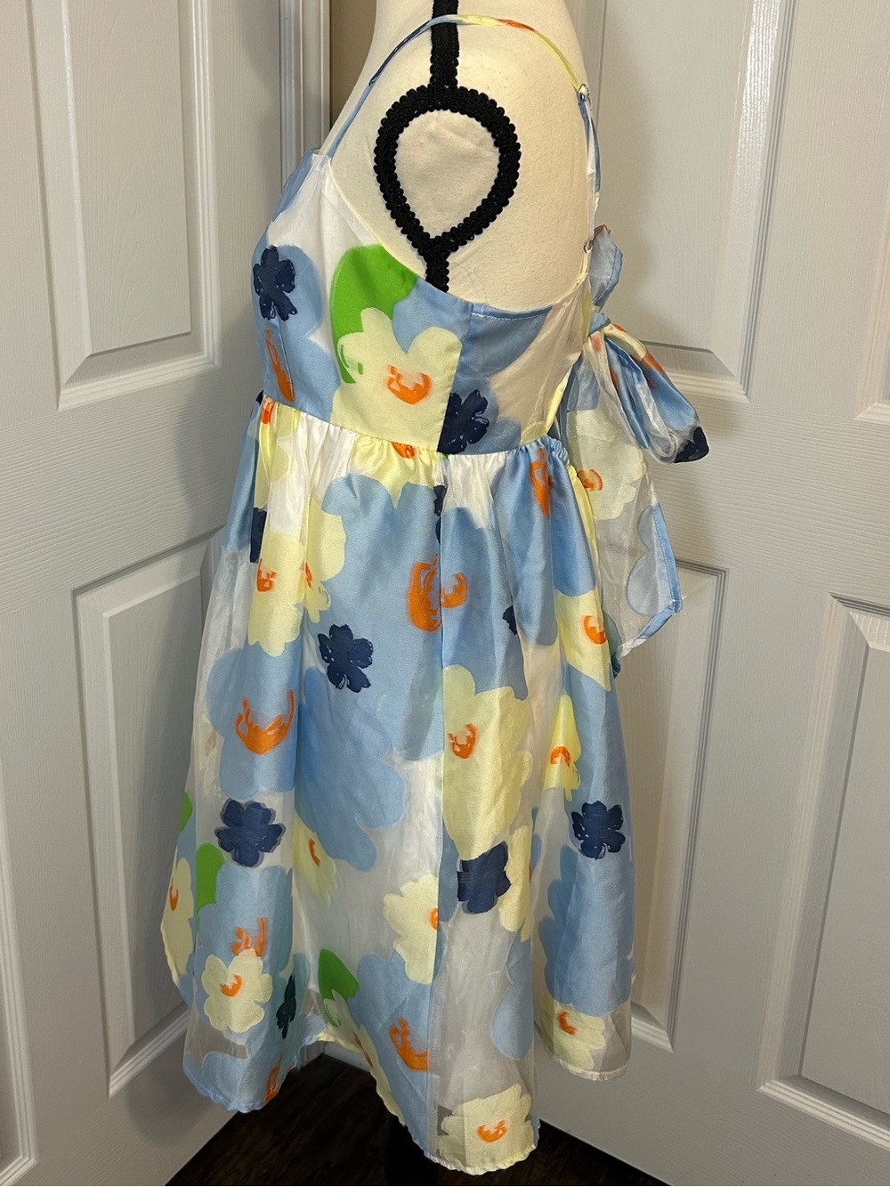 Entro Floral Organza Mini Dress Blue Yellow Tie Back Watercolor Boutique Sz L - Picture 5 of 12